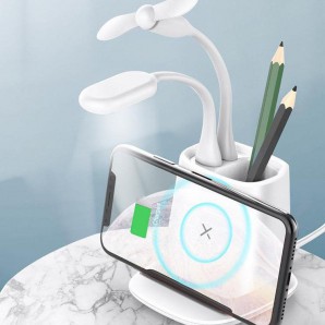 4-IN-1 Wireless Phone Charger with Pen Holder with LED Light and Fan